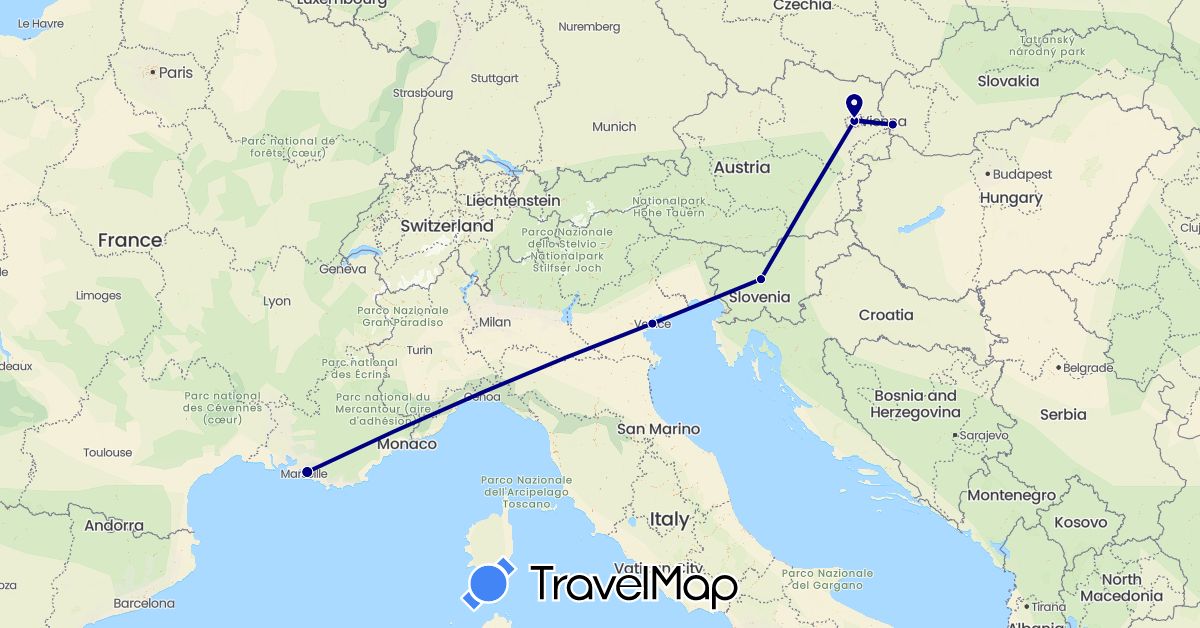 TravelMap itinerary: driving in Austria, France, Italy, Slovenia, Slovakia (Europe)